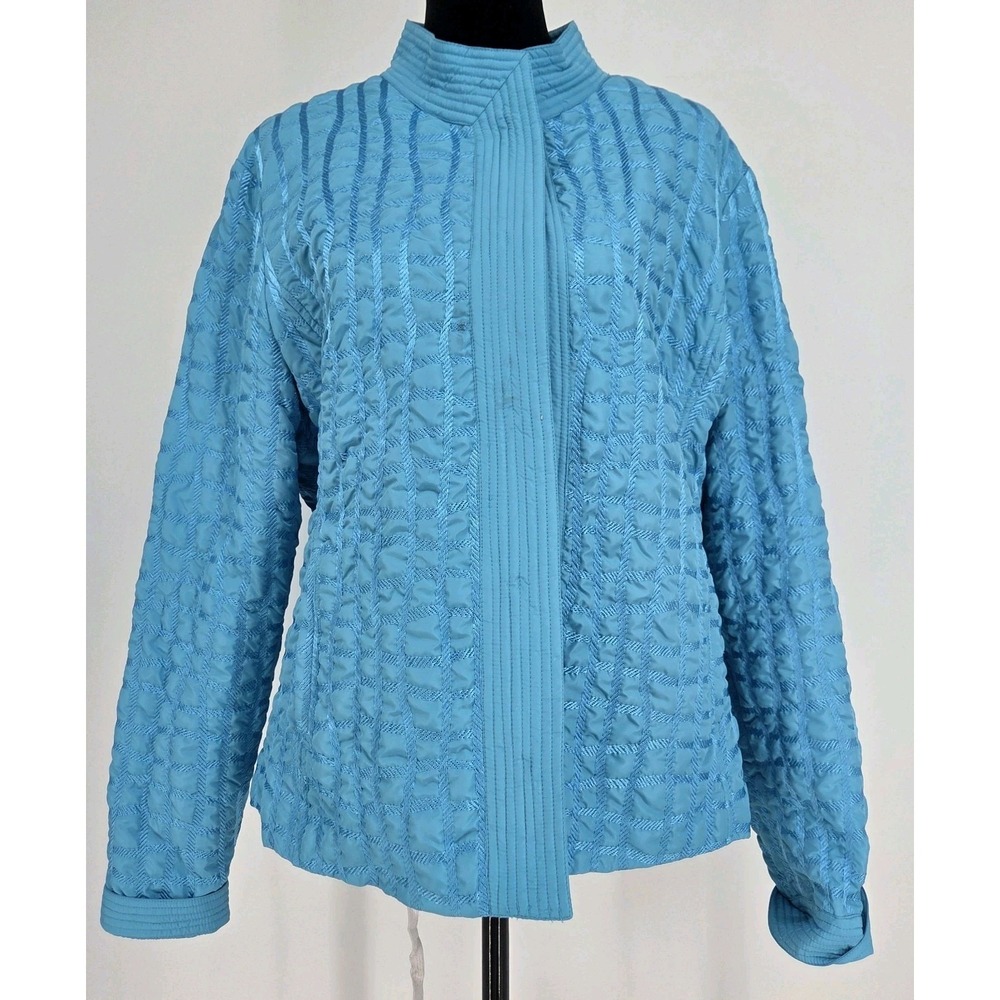 Samuel Dong Womens Quilted Jacket Size M Blue Artsy Eclectic Statement Zip Up